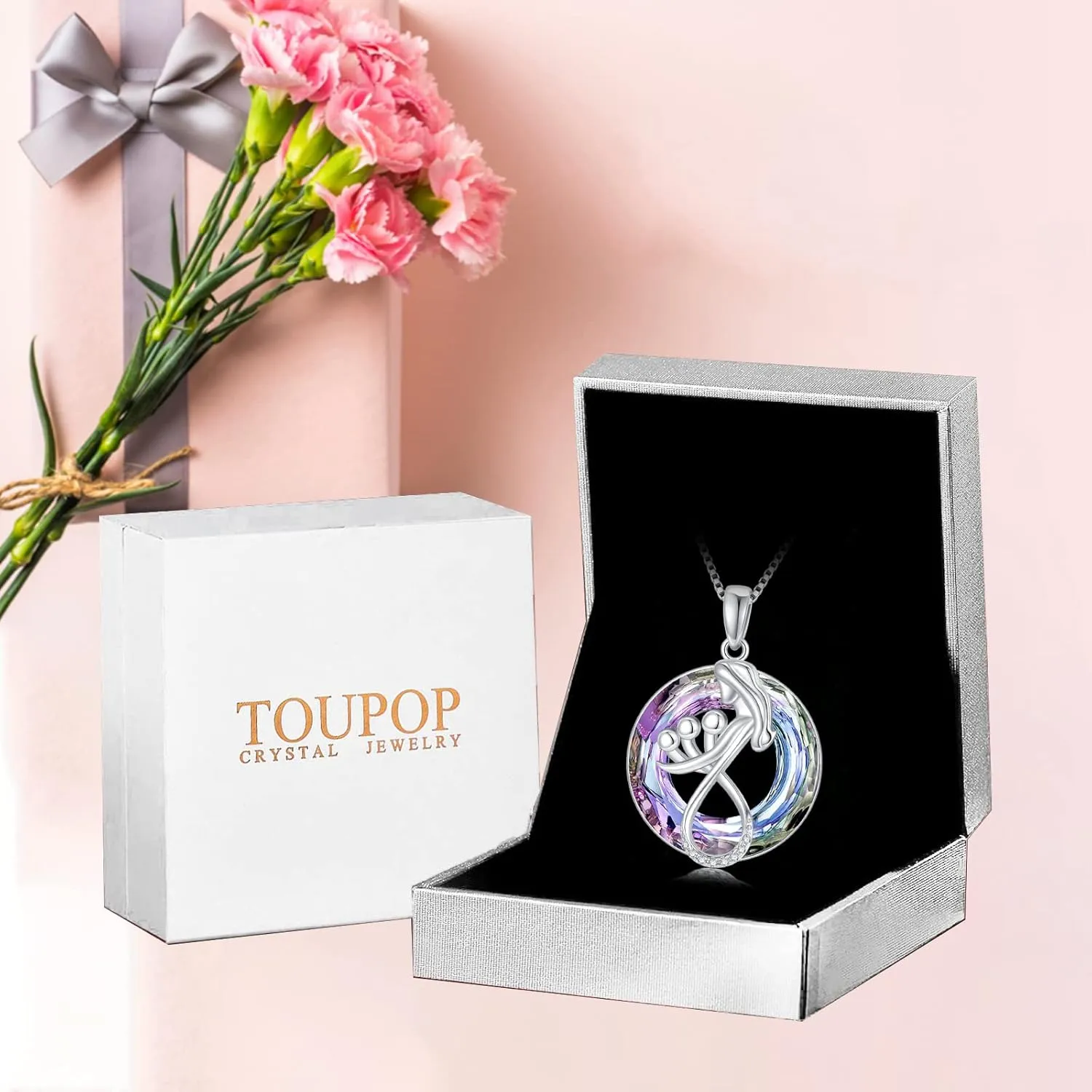 TOUPOP Mothers Day Gifts for Mom Mother of 1 to 3 Daughter/Son Necklace Sterling Silver Family Pendant Necklaces with Crystal Jewelry Birthday Gifts for Women