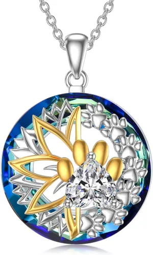 TOUPOP Sunflower Necklace for Women 925 Sterling Silver Dainty Paw Print Pendant Necklaces with Crystal Anniversary Birthday Christmas Jewelry Gifts for Mom Wife Girlfriend Sister Friend