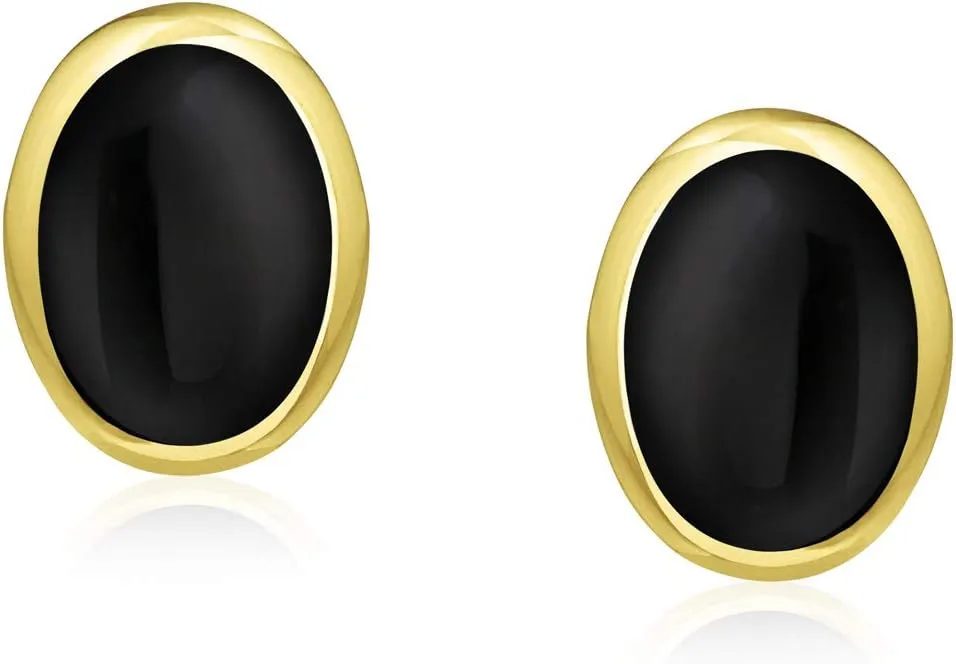 Traditional Classic 7x9 MM Gemstone Black Onyx Blue Turquoise Amber Bezel Set Dome Button Oval Stud Earrings For Women 14K Gold Plated .925 Sterling Silver