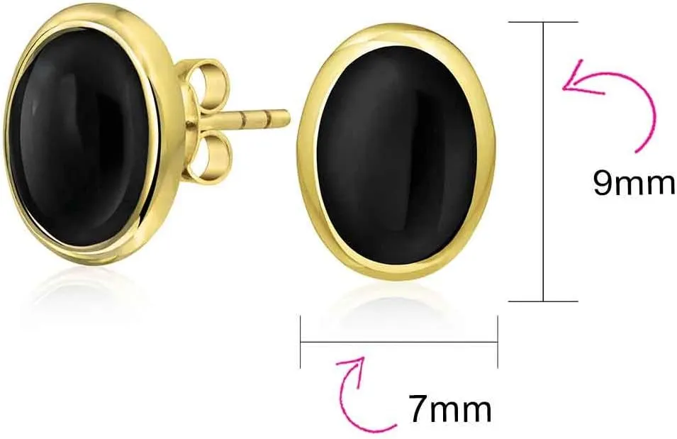 Traditional Classic 7x9 MM Gemstone Black Onyx Blue Turquoise Amber Bezel Set Dome Button Oval Stud Earrings For Women 14K Gold Plated .925 Sterling Silver
