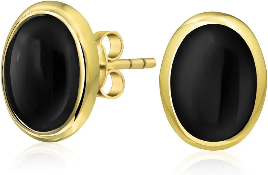 Traditional Classic 7x9 MM Gemstone Black Onyx Blue Turquoise Amber Bezel Set Dome Button Oval Stud Earrings For Women 14K Gold Plated .925 Sterling Silver