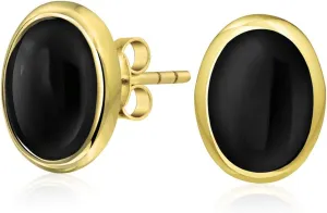 Traditional Classic 7x9 MM Gemstone Black Onyx Blue Turquoise Amber Bezel Set Dome Button Oval Stud Earrings For Women 14K Gold Plated .925 Sterling Silver