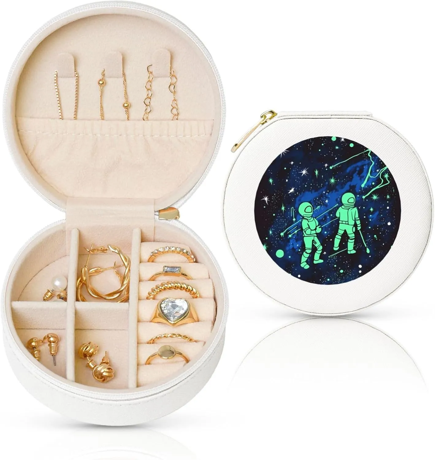 Travel Jewelry Box for Women Birthday Gifts, Glow in The Dark Jewelry Case PU Leather Jewelry Organizer Small Round Display Storage Box for Rings Earrings Necklaces