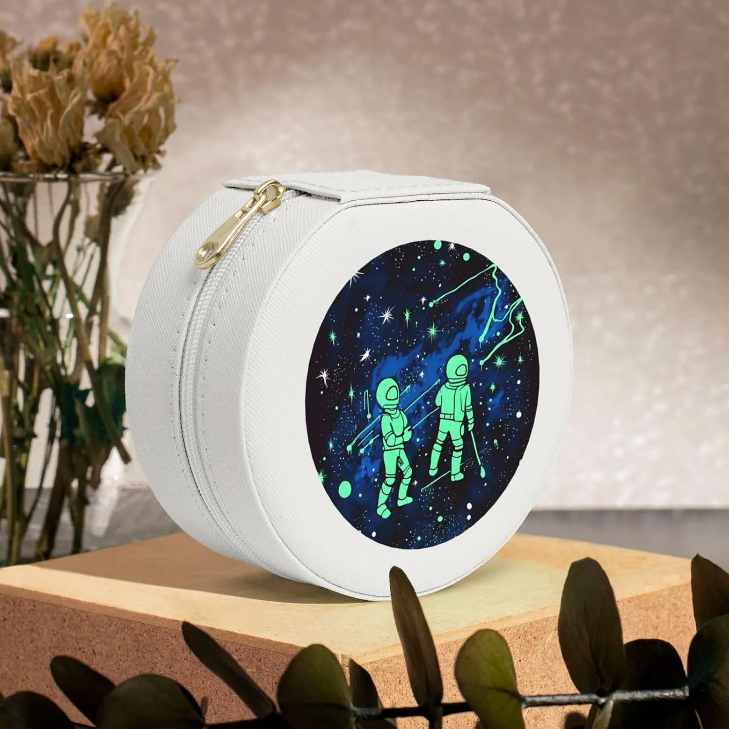 Travel Jewelry Box for Women Birthday Gifts, Glow in The Dark Jewelry Case PU Leather Jewelry Organizer Small Round Display Storage Box for Rings Earrings Necklaces