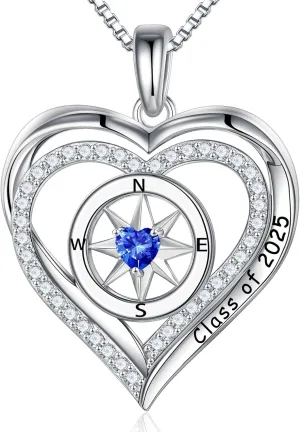 Turandoss Compass Graduation Gifts for Her 2025, S925 Sterling Silver Birthstone Necklace Engraved Class of 2025 Inspirational Graduation Necklaces High School College Graduation Gifts for Her 2025