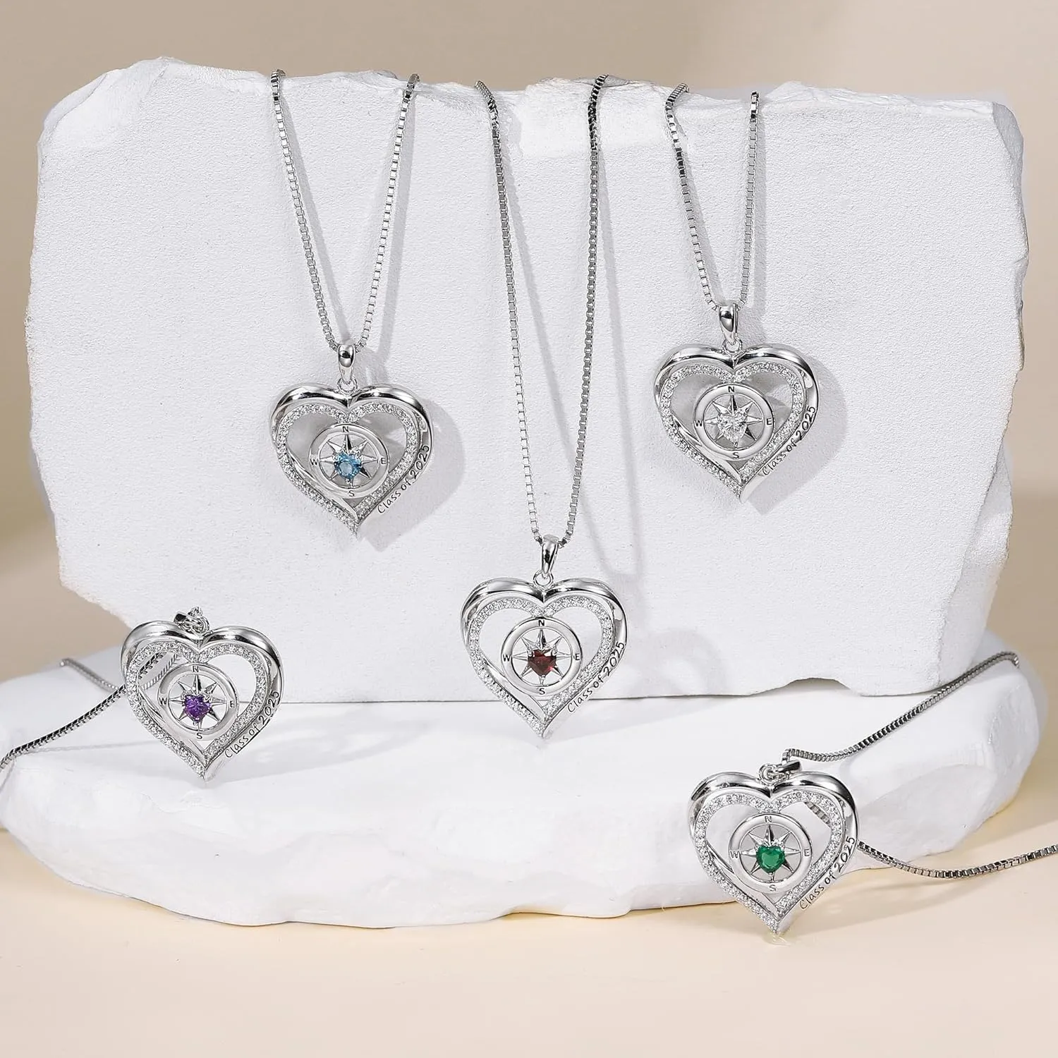Turandoss Compass Graduation Gifts for Her 2025, S925 Sterling Silver Birthstone Necklace Engraved Class of 2025 Inspirational Graduation Necklaces High School College Graduation Gifts for Her 2025