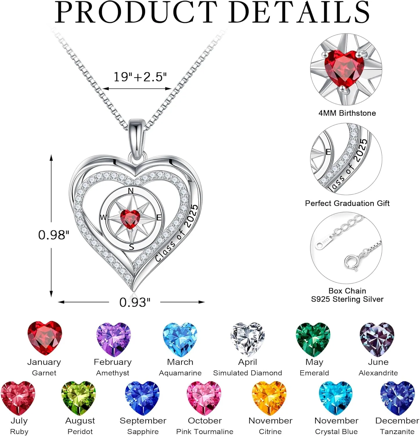 Turandoss Compass Graduation Gifts for Her 2025, S925 Sterling Silver Birthstone Necklace Engraved Class of 2025 Inspirational Graduation Necklaces High School College Graduation Gifts for Her 2025