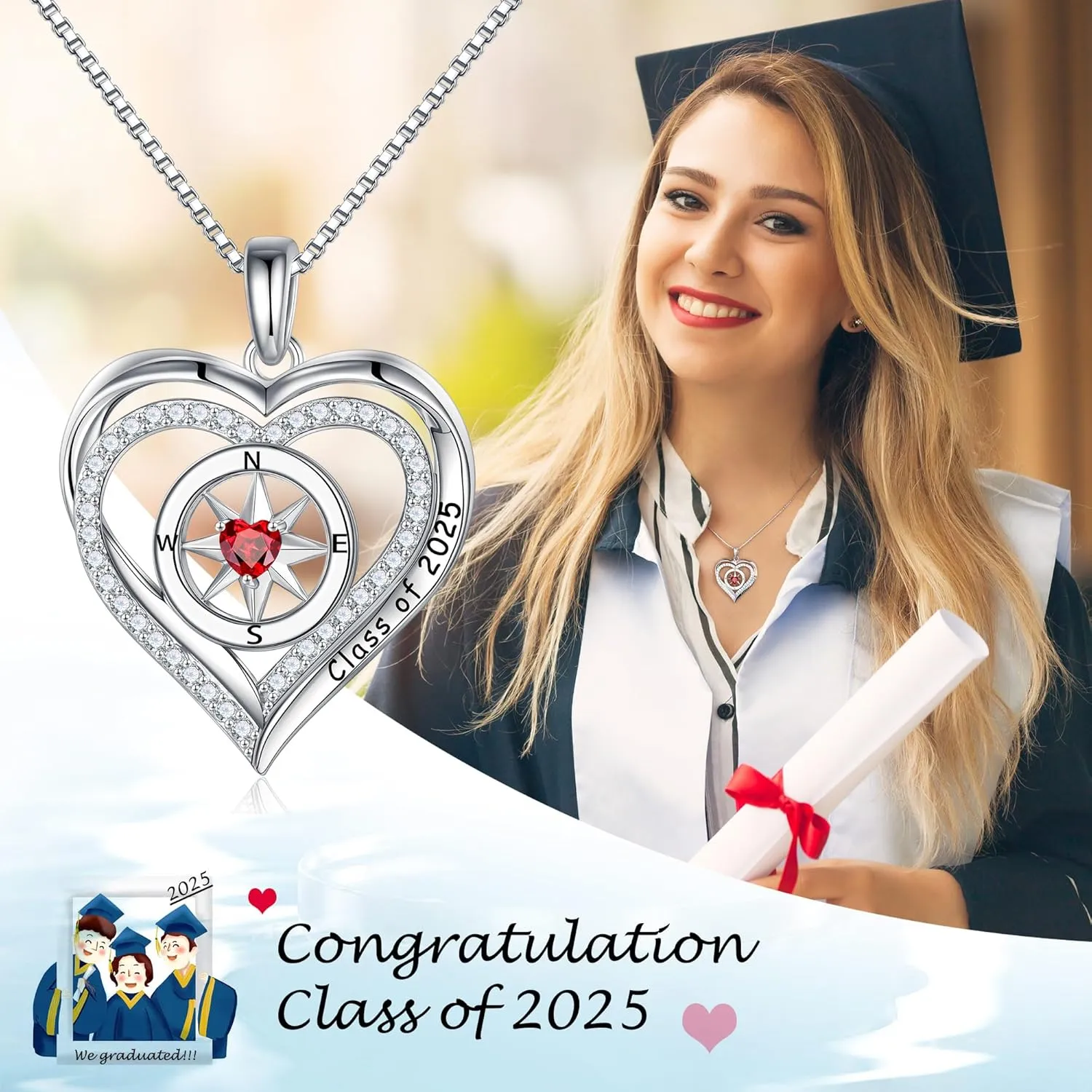 Turandoss Compass Graduation Gifts for Her 2025, S925 Sterling Silver Birthstone Necklace Engraved Class of 2025 Inspirational Graduation Necklaces High School College Graduation Gifts for Her 2025