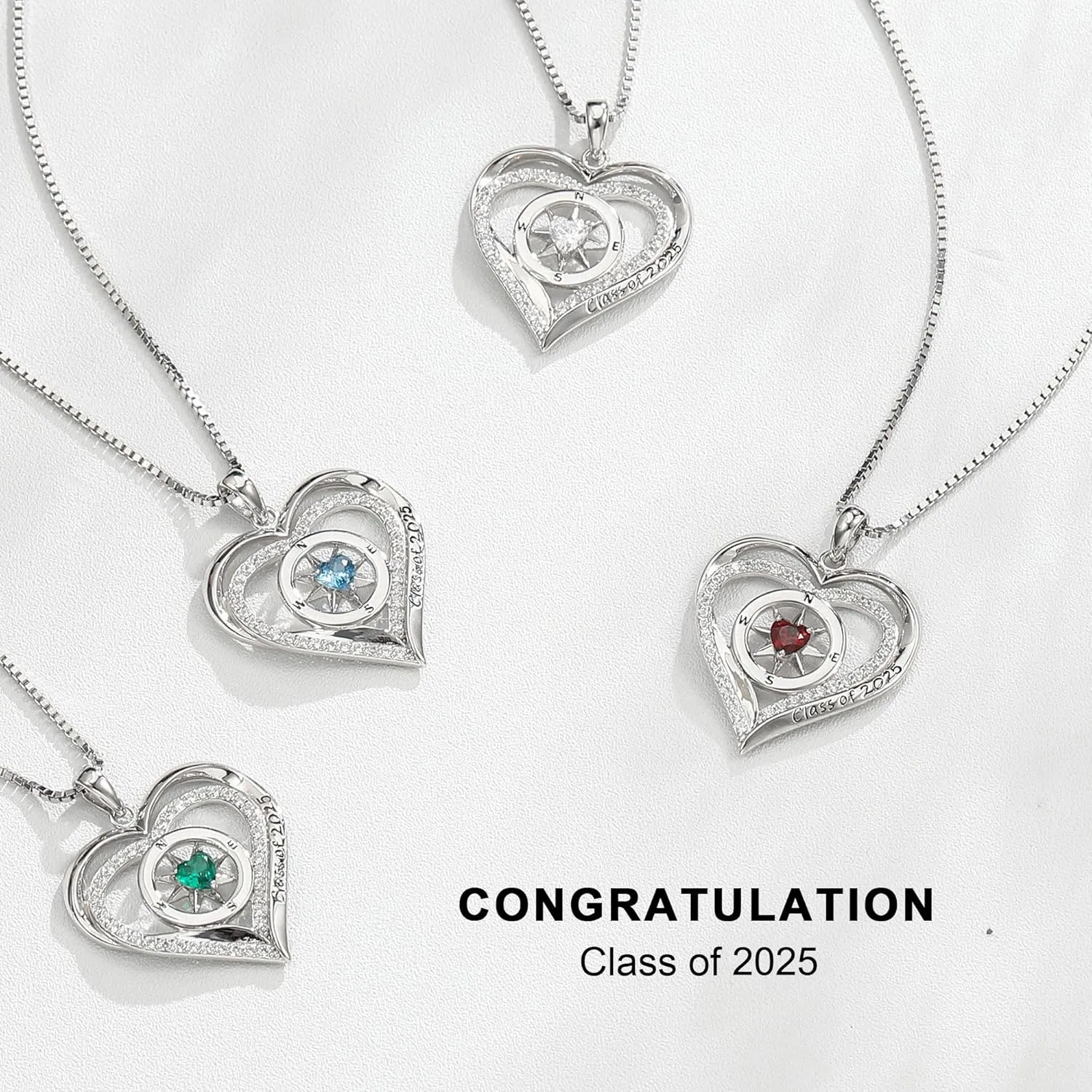 Turandoss Compass Graduation Gifts for Her 2025, S925 Sterling Silver Birthstone Necklace Engraved Class of 2025 Inspirational Graduation Necklaces High School College Graduation Gifts for Her 2025