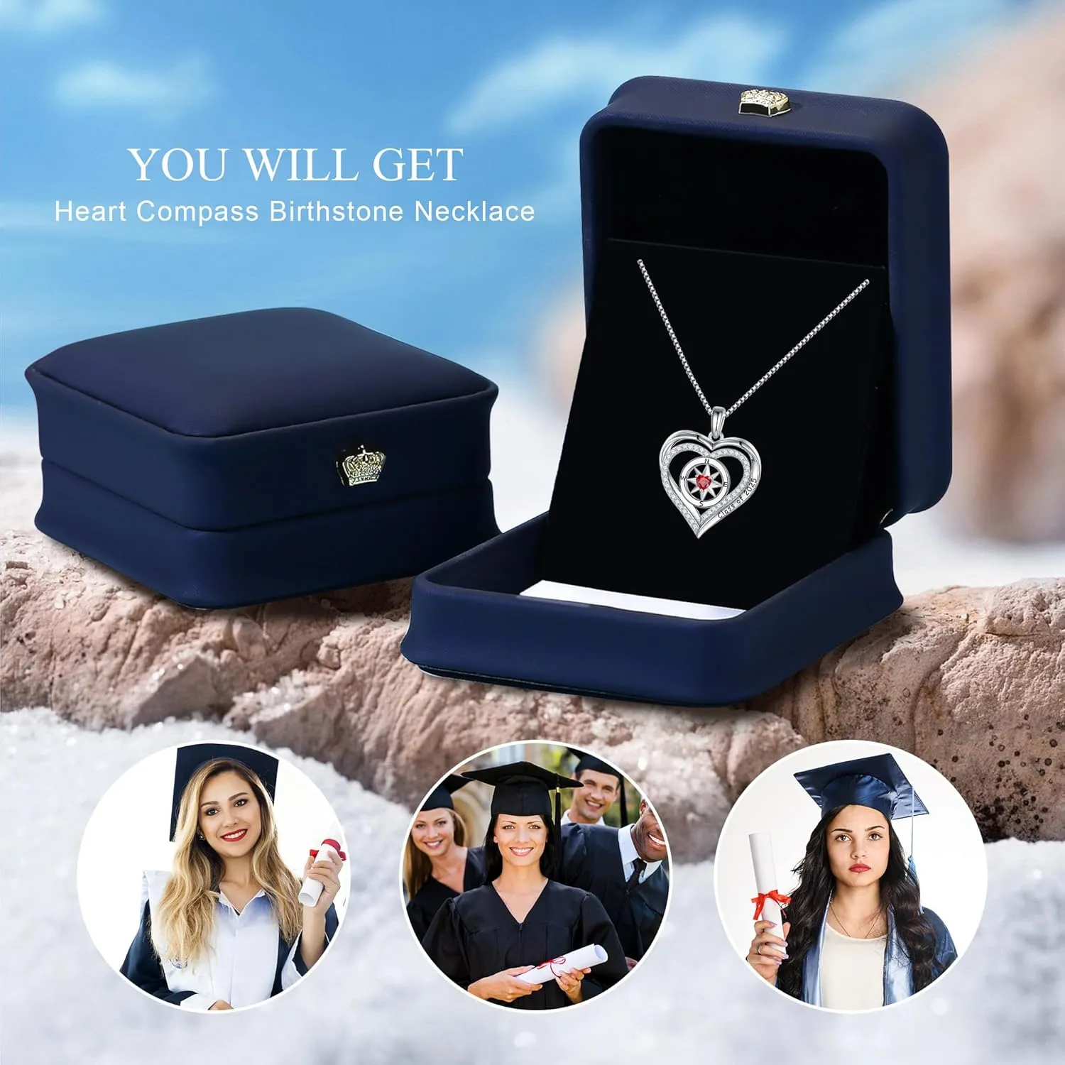 Turandoss Compass Graduation Gifts for Her 2025, S925 Sterling Silver Birthstone Necklace Engraved Class of 2025 Inspirational Graduation Necklaces High School College Graduation Gifts for Her 2025