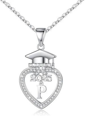 Turandoss Graduation Gifts for Her 2025-14K White Gold Plated Initial Necklace Dainty CZ Heart Pendant Silver Initial Necklaces for Women Friends Class of 2025 Friendship Graduation Gifts for Her