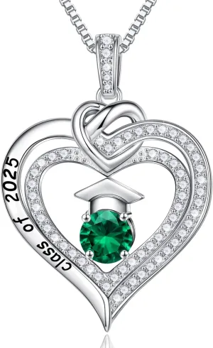 Turandoss Graduation Gifts for Her 2025, S925 Sterling Silver Birthstone Necklace Engraved Class of 2025 Inspirational Graduation Necklaces High School College Graduation Gifts for Her 2025