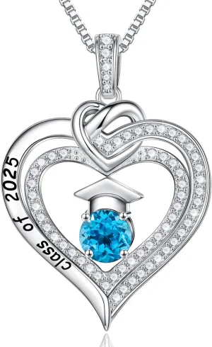 Turandoss Graduation Gifts for Her 2025, S925 Sterling Silver Birthstone Necklace Engraved Class of 2025 Inspirational Graduation Necklaces High School College Graduation Gifts for Her 2025