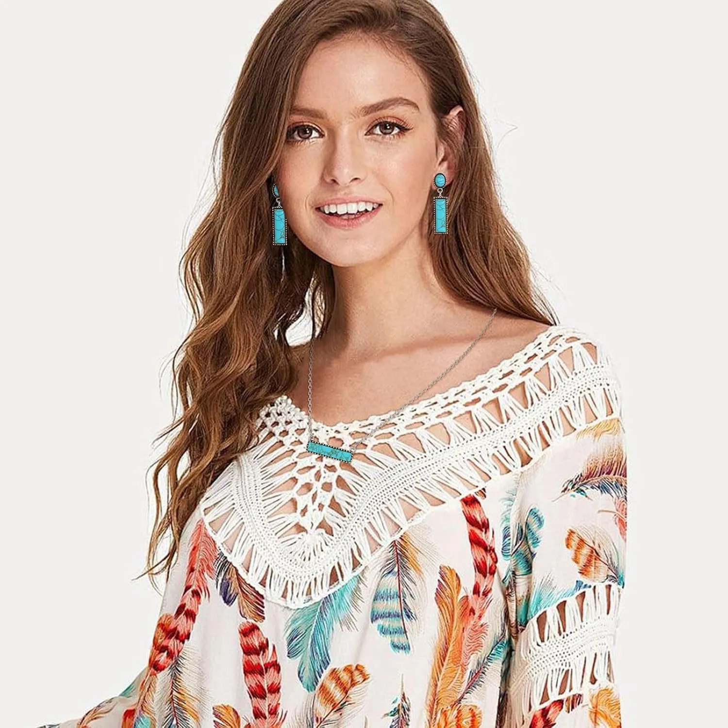 Turquoise Jewelry for Women Bohemian Western Jewelry Set Vintage Turquoise Pendant Necklace and Earring Sets