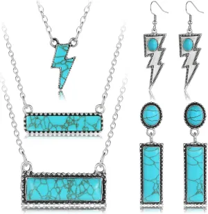 Turquoise Jewelry for Women Bohemian Western Jewelry Set Vintage Turquoise Pendant Necklace and Earring Sets
