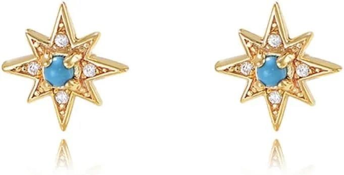 Turquoise Star Tiny Stud Earrings for Women Girls 925 Sterling Silver Dainty Cubic Zirconia Crystal Cartilage Tragus Small Studs Earring Cute Birthday Christmas Jewelry Gifts for Daughter Hypoallergenic