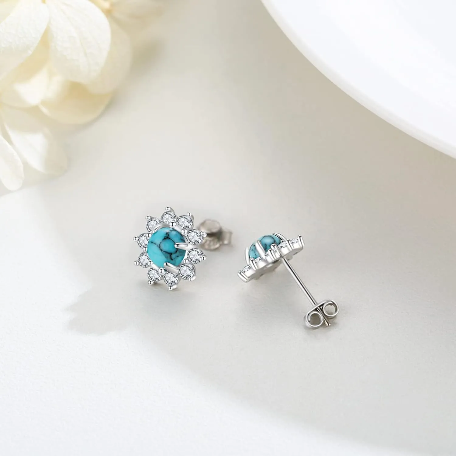 Turquoise/Moonstone Earrings 925 Sterling Silver Celtic Knot/Bohemia Style Stud Earrings Jewelry for Women Hypoallergenic Earrings for Sensitive Ears