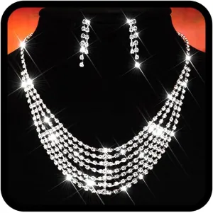 TWINKLEDE Layered Rhinestone Necklace Jewelry Set Silver Wedding Bridal Necklace and Earring Sparkly Prom Fringe Jewelry for Women