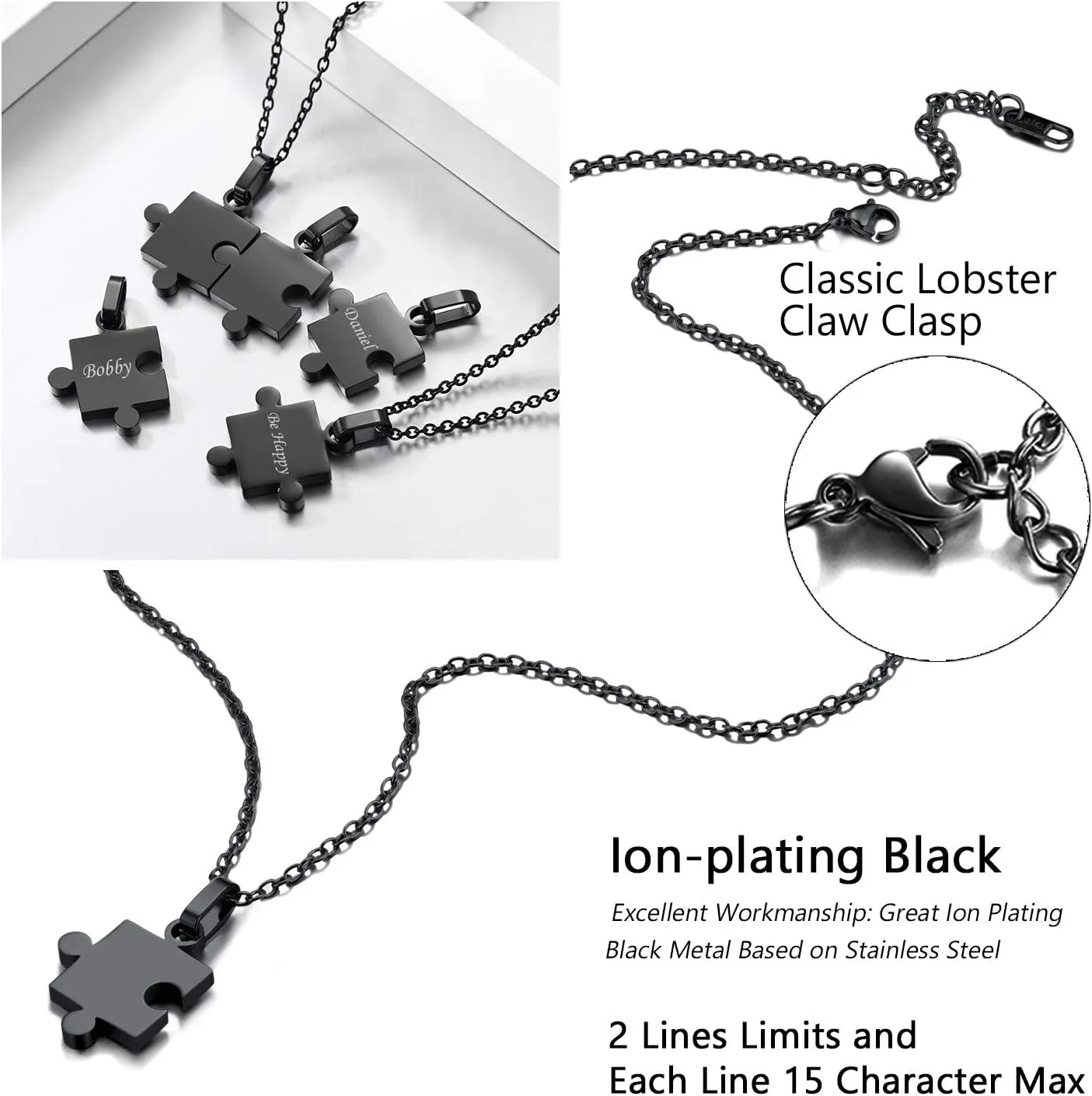 U7 BFF Necklace for Women Men Stainless Steel/18K Gold Jigsaw Puzzle Pieces Pendant Custom Name Date Necklaces Gift
