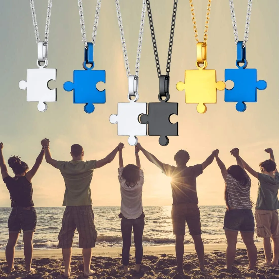 U7 BFF Necklace for Women Men Stainless Steel/18K Gold Jigsaw Puzzle Pieces Pendant Custom Name Date Necklaces Gift