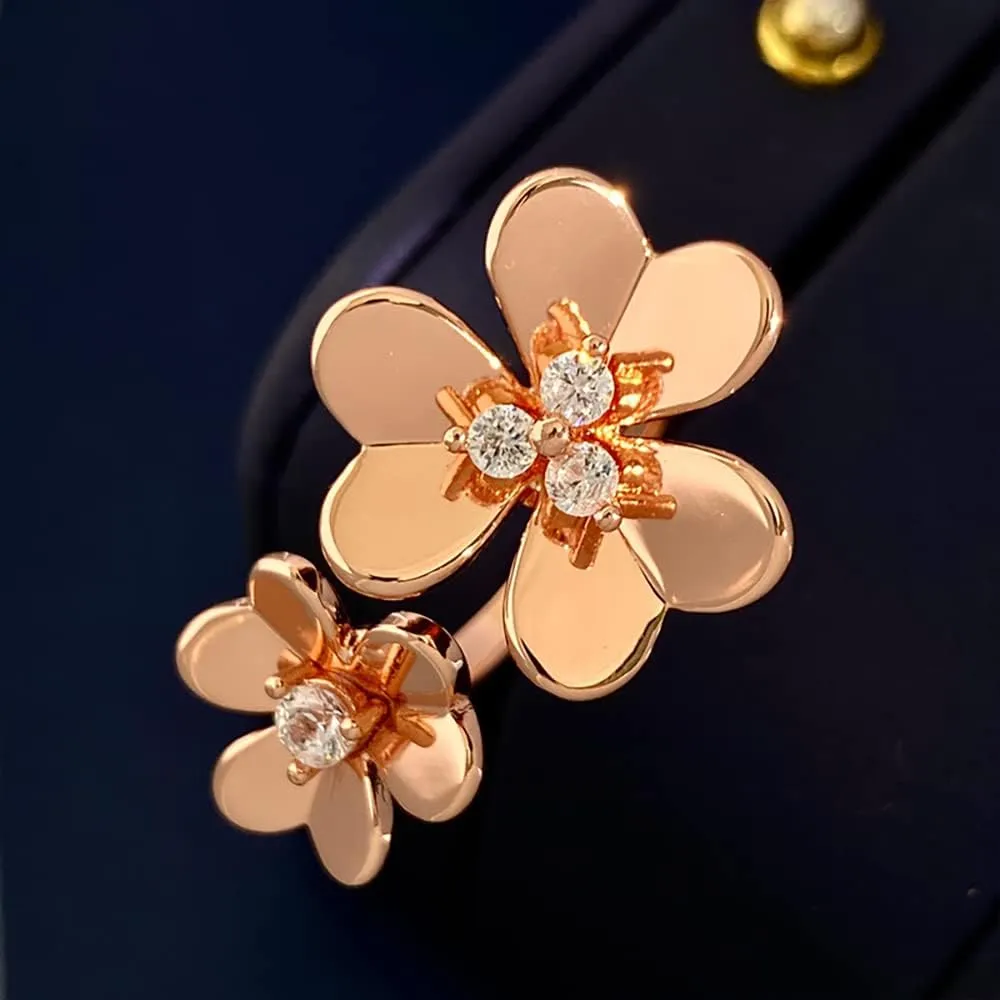 u/b Glossy Thicken Double Clover Ring Women 18k Gold Plating Luxury Jewelry Shine Cubic Zirconia Adjustable Rings Fashion Jewelry