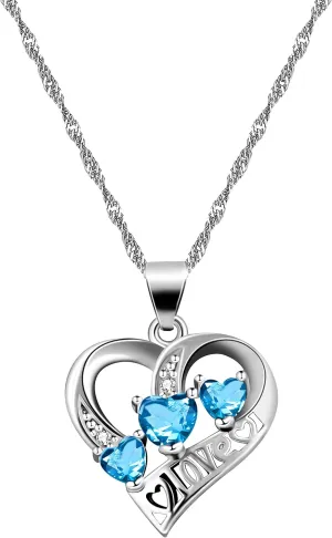 Uloveido Love Heart Pendant Necklaces for Women, White Gold Plated Crystals Birthstone Jewelry Gifts for Party Anniversary Day Birthday Y894-Blue