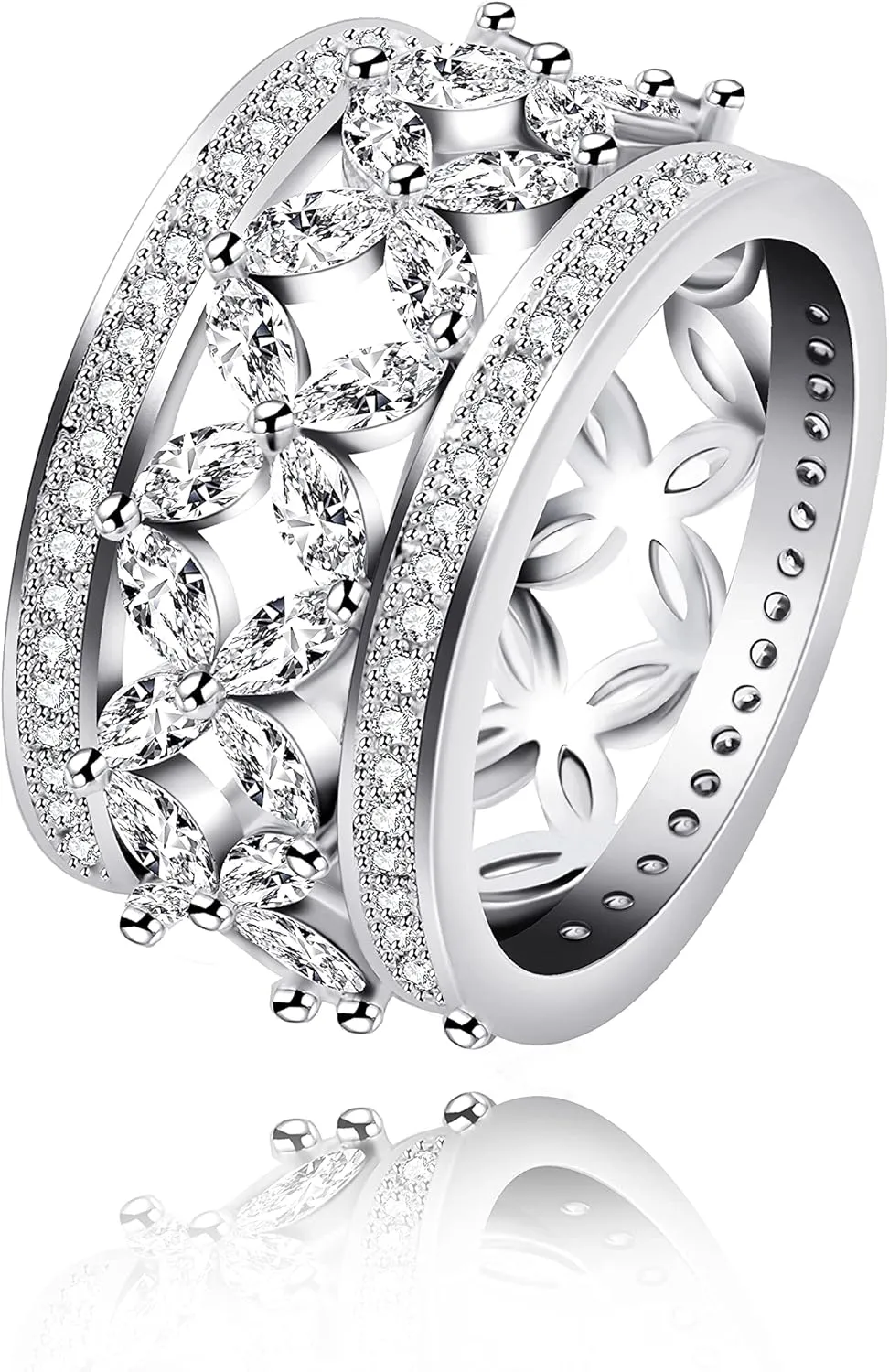 Uloveido Platinum Plated Luxury Butterfly Ring Marquise Cut Cubic Zirconia Wide Band Rings for Women
