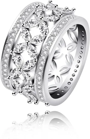 Uloveido Platinum Plated Luxury Butterfly Ring Marquise Cut Cubic Zirconia Wide Band Rings for Women