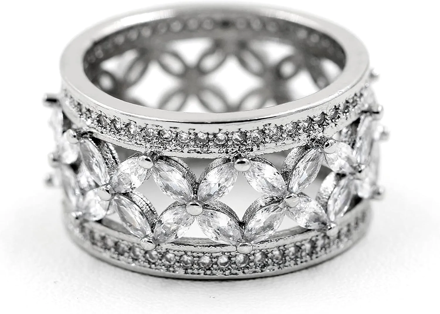 Uloveido Platinum Plated Luxury Butterfly Ring Marquise Cut Cubic Zirconia Wide Band Rings for Women