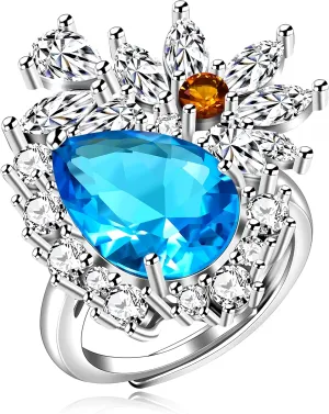 Uloveido Simulated Light Blue Topaz Rings Luxury Fireworks Adjustable Size Teardrop Big Crystal Cocktail Statement Ring Y1887