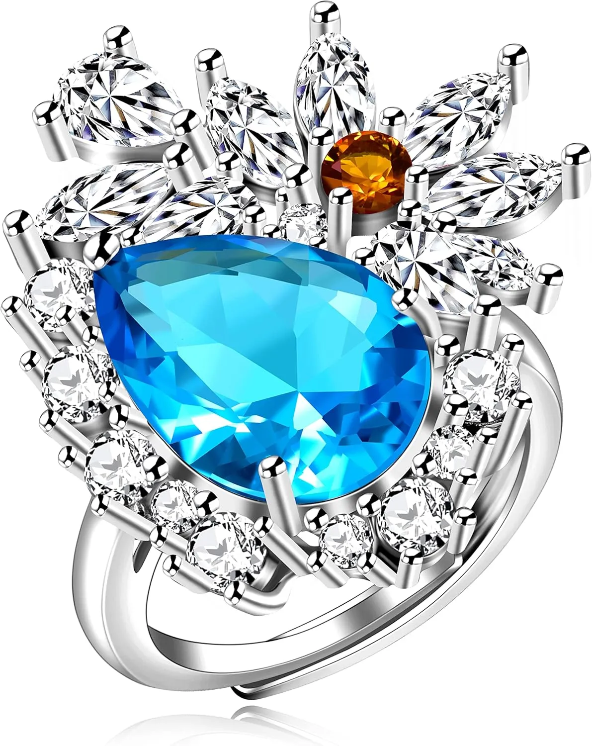 Uloveido Simulated Light Blue Topaz Rings Luxury Fireworks Adjustable Size Teardrop Big Crystal Cocktail Statement Ring Y1887