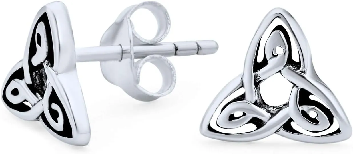 Unisex Ancient Small Celtic Irish Infinity Love Knot Trinity Symbol Triskele Cross Stud Earrings For Men Women Oxidized .925 Sterling Silver