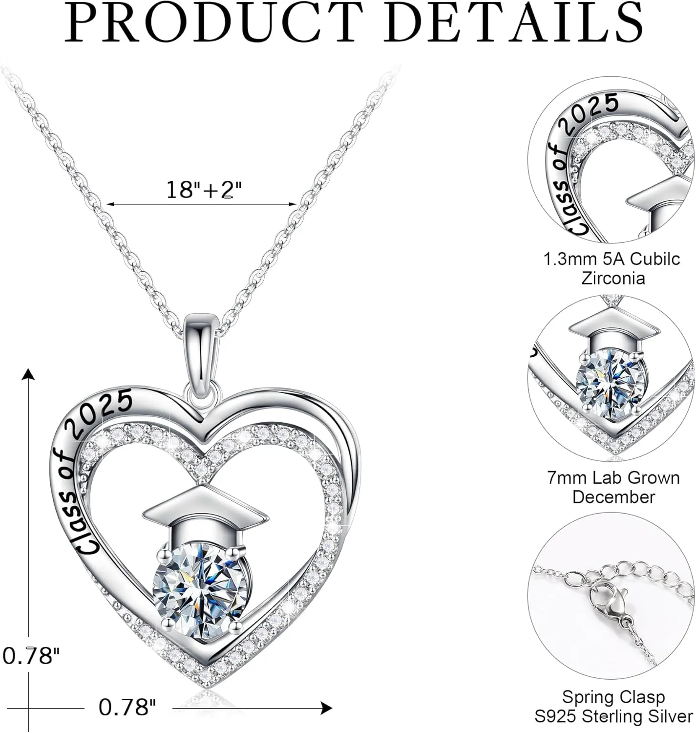 Ursilver Graduation Gifts for Her 2025, S925 Sterling Silver Birthstone Necklace Engraved Class of 2025 Pendant Necklaces College Graduation Gifts for Her