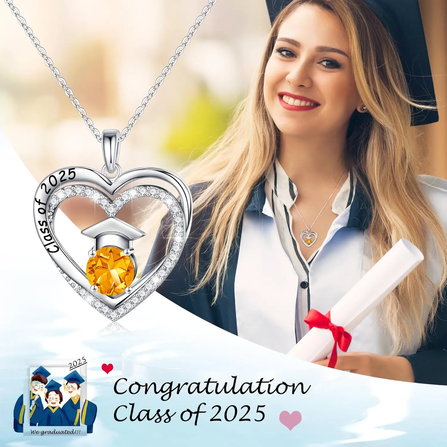Ursilver Graduation Gifts for Her 2025, S925 Sterling Silver Birthstone Necklace Engraved Class of 2025 Pendant Necklaces College Graduation Gifts for Her