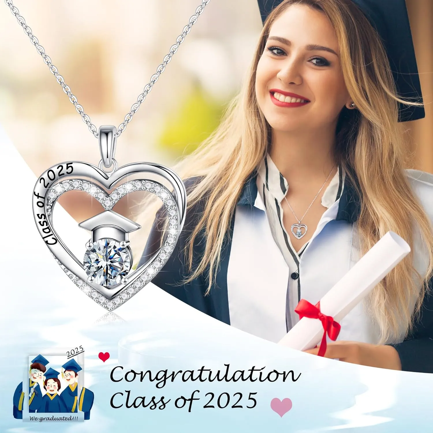 Ursilver Graduation Gifts for Her 2025, S925 Sterling Silver Birthstone Necklace Engraved Class of 2025 Pendant Necklaces College Graduation Gifts for Her