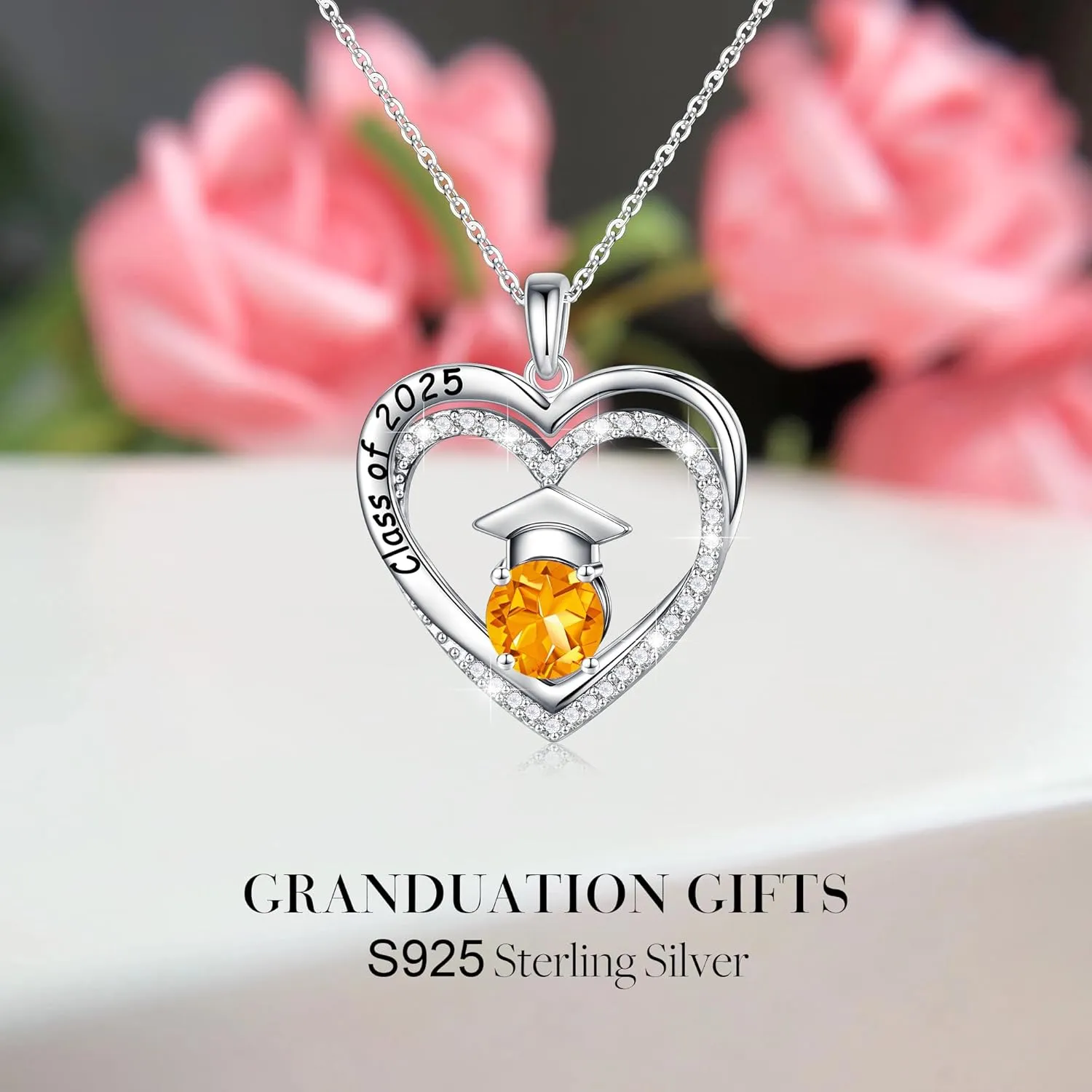 Ursilver Graduation Gifts for Her 2025, S925 Sterling Silver Birthstone Necklace Engraved Class of 2025 Pendant Necklaces College Graduation Gifts for Her