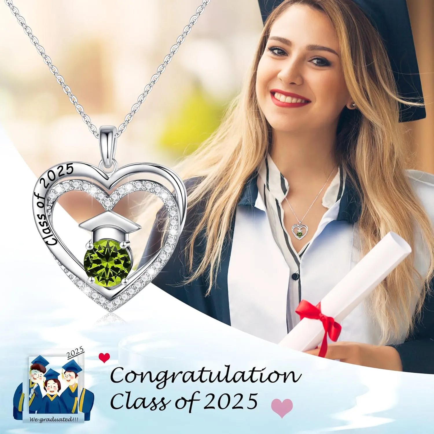 Ursilver Graduation Gifts for Her 2025, S925 Sterling Silver Birthstone Necklace Engraved Class of 2025 Pendant Necklaces College Graduation Gifts for Her