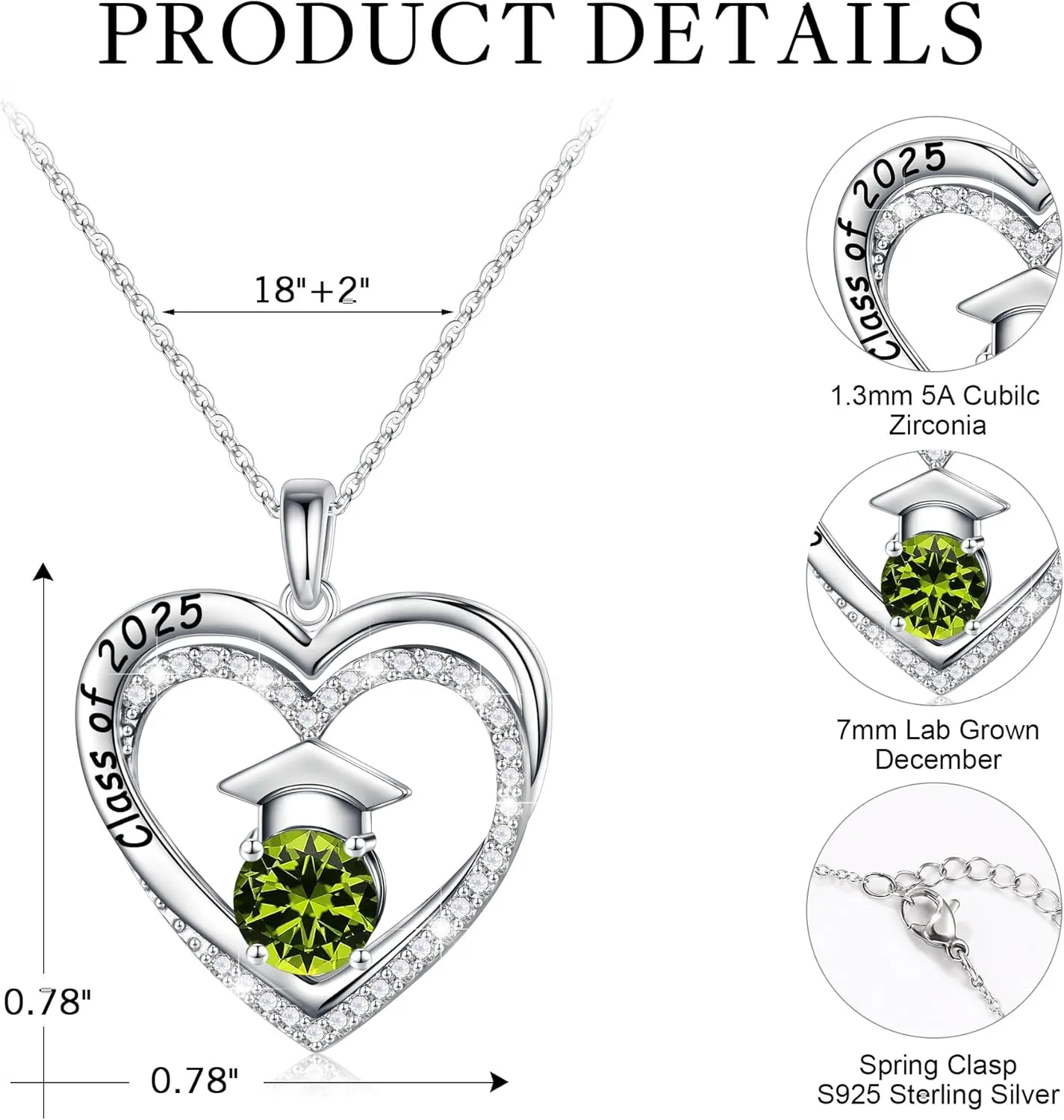 Ursilver Graduation Gifts for Her 2025, S925 Sterling Silver Birthstone Necklace Engraved Class of 2025 Pendant Necklaces College Graduation Gifts for Her