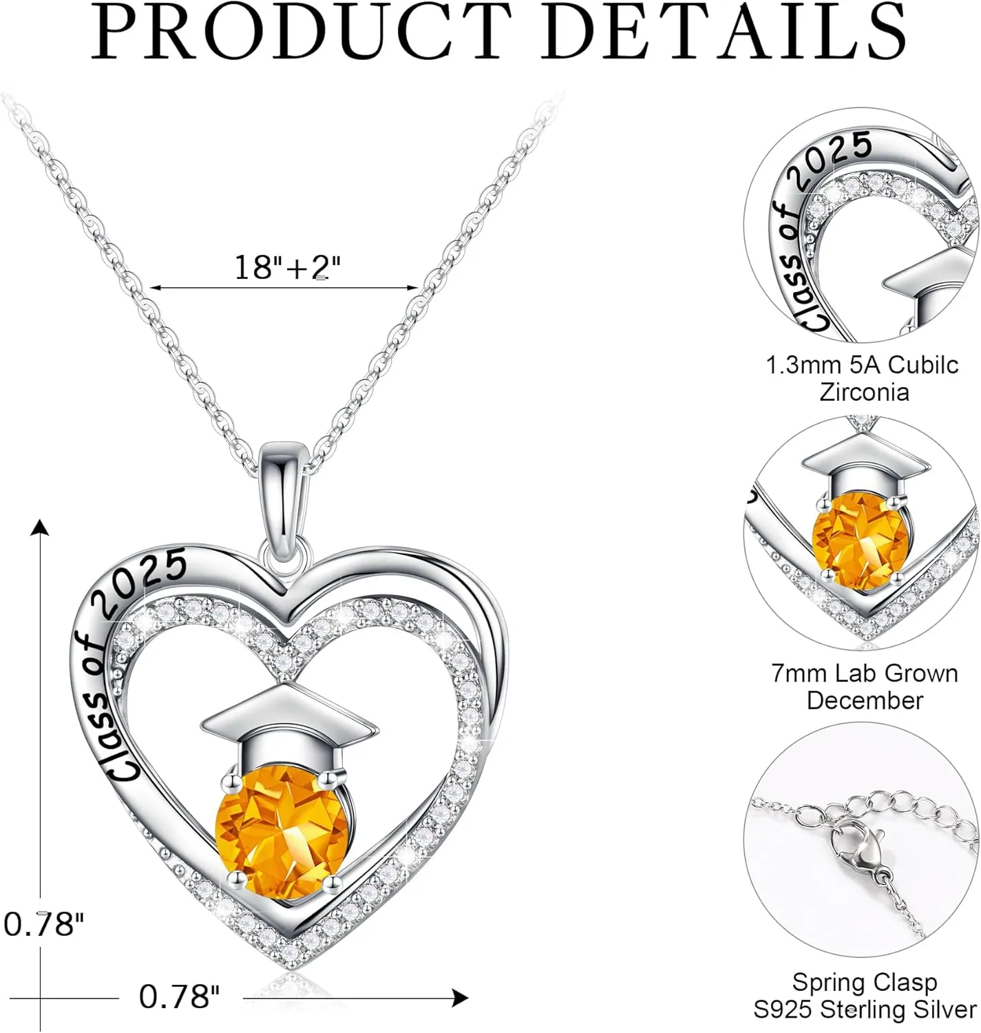 Ursilver Graduation Gifts for Her 2025, S925 Sterling Silver Birthstone Necklace Engraved Class of 2025 Pendant Necklaces College Graduation Gifts for Her
