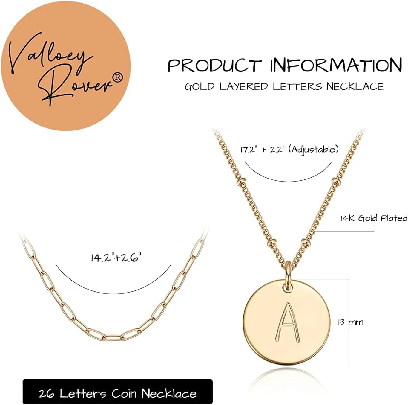 Valloey Rover Initial Necklaces for Women 14K Gold Plated Dainty Letter Necklce Round Coin Disc Pendant Double Side Engraved A-Z Necklace Personalized Jewelry Gift for Women