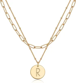 Valloey Rover Initial Necklaces for Women 14K Gold Plated Dainty Letter Necklce Round Coin Disc Pendant Double Side Engraved A-Z Necklace Personalized Jewelry Gift for Women