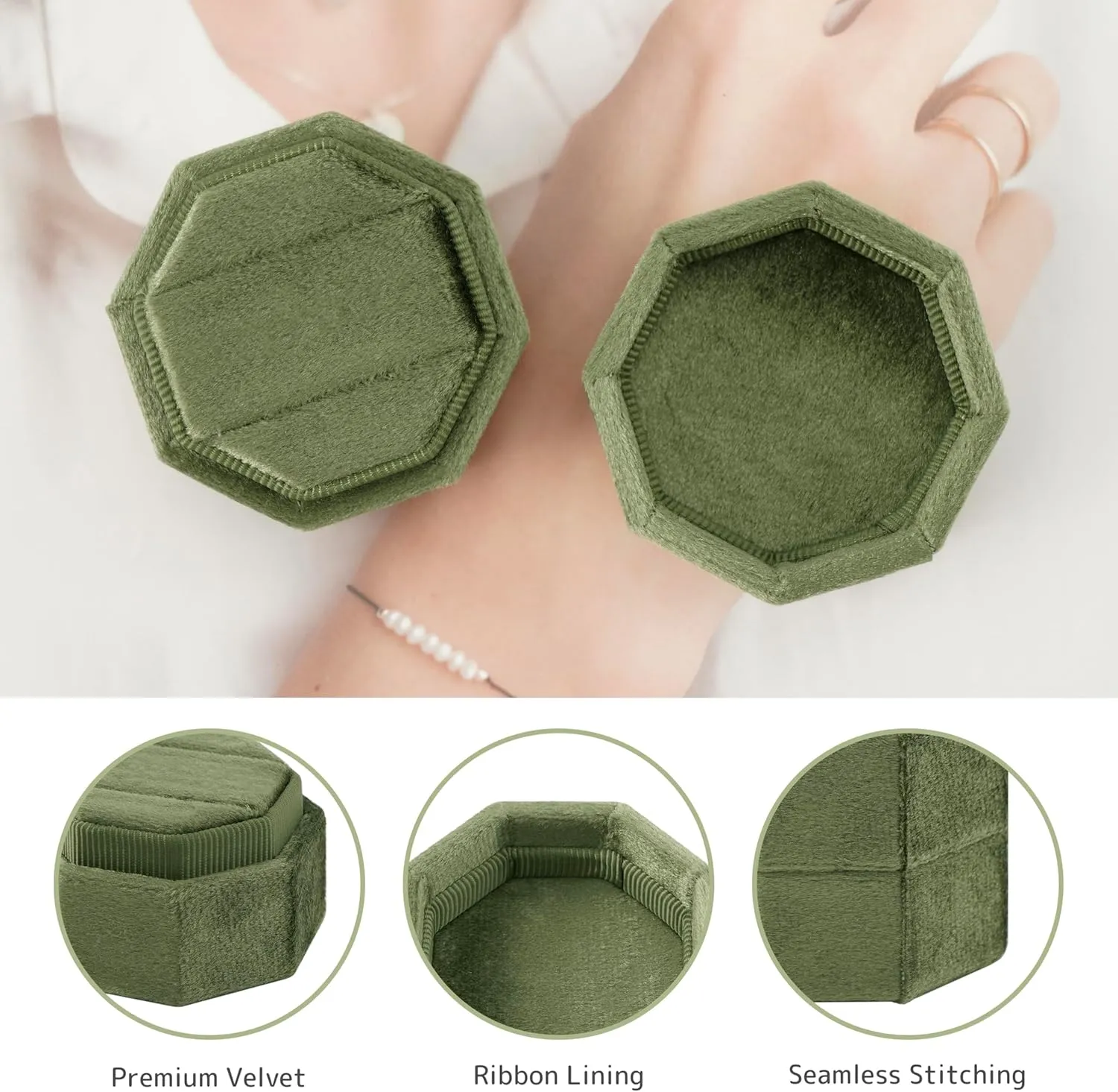 Velvet Wedding Ring Box - 2 Slots Vintage Style Proposal Ring Box for Wedding Day (Moss Green)