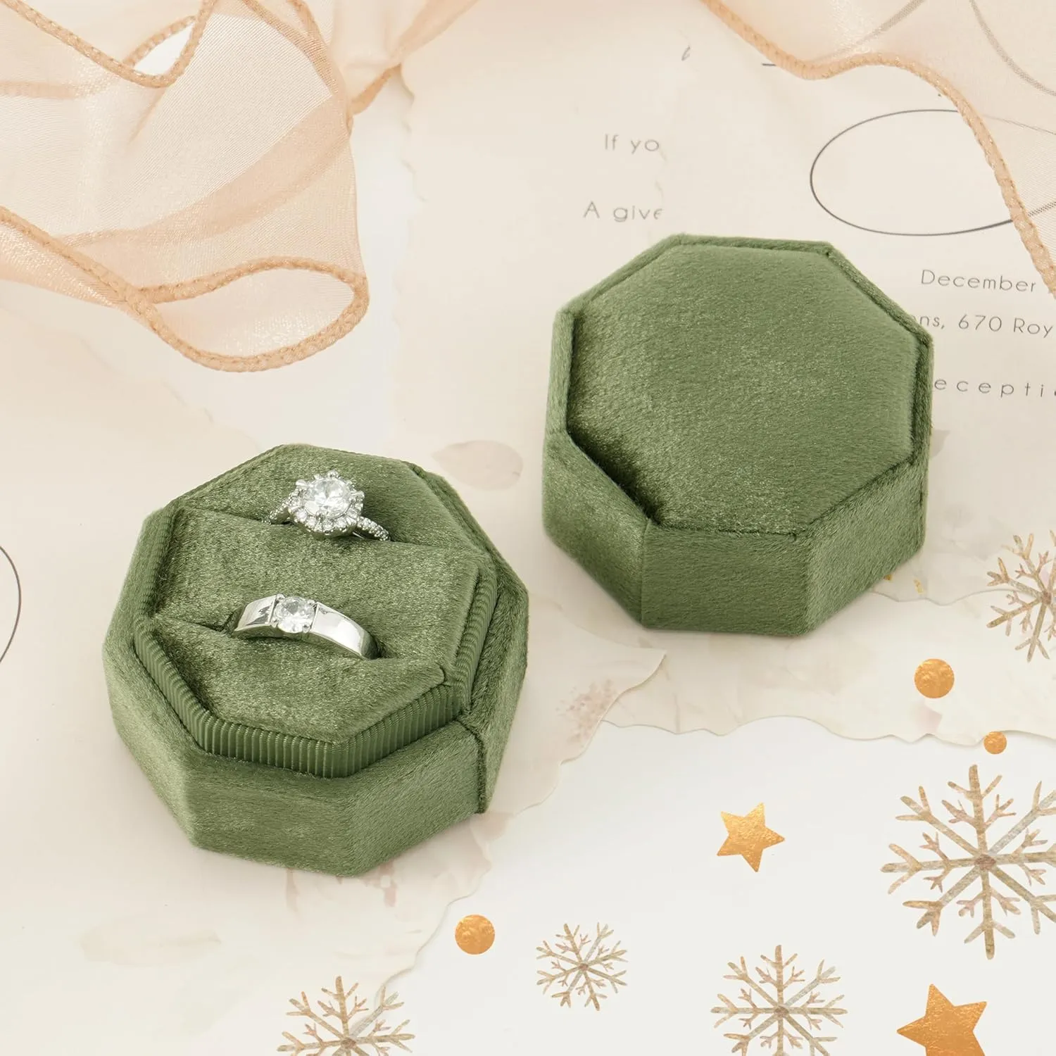 Velvet Wedding Ring Box - 2 Slots Vintage Style Proposal Ring Box for Wedding Day (Moss Green)