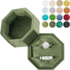 Velvet Wedding Ring Box - 2 Slots Vintage Style Proposal Ring Box for Wedding Day (Moss Green)