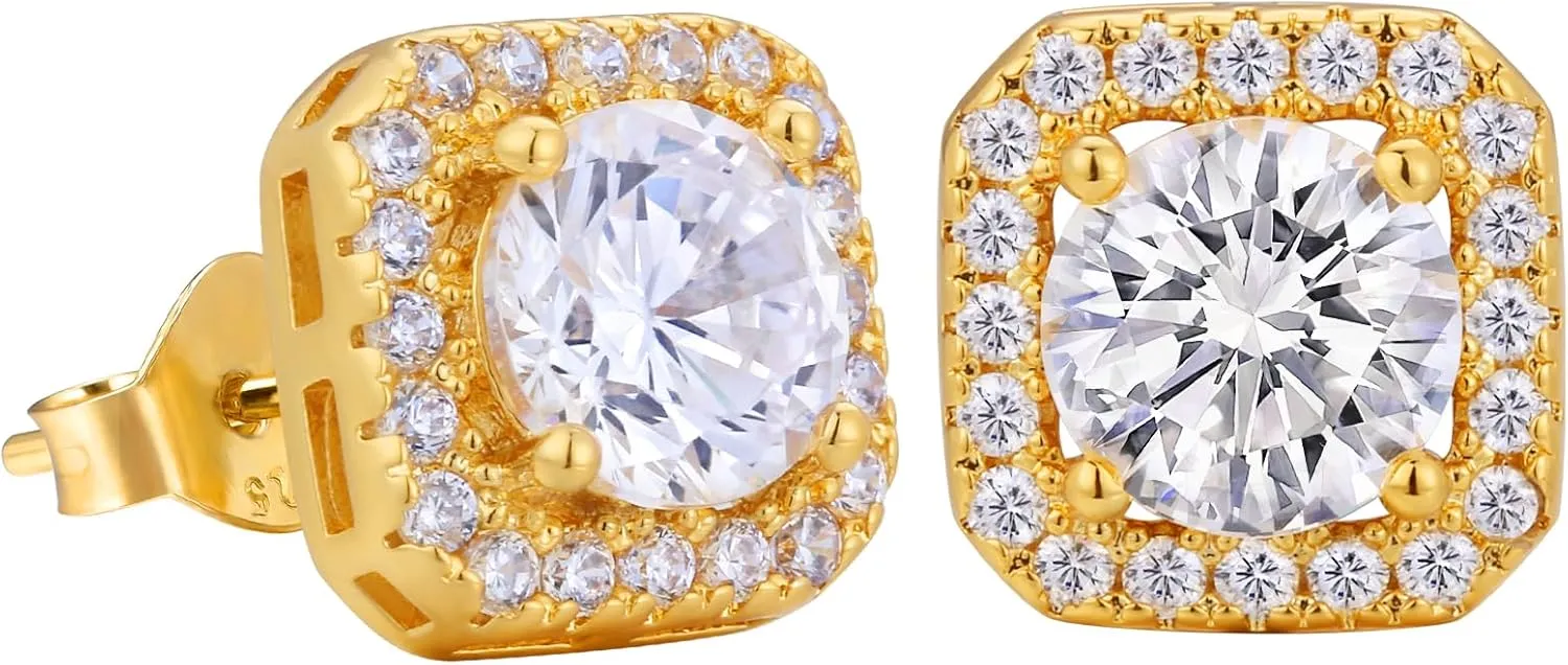 VEXXS Diamond Stud Earrings for Men, S925 Sterling Silver 14K Real Gold Plated Iced Out Earrings Micro Pave 5A CZ Stones Mens Studs, Hypoallergenic
