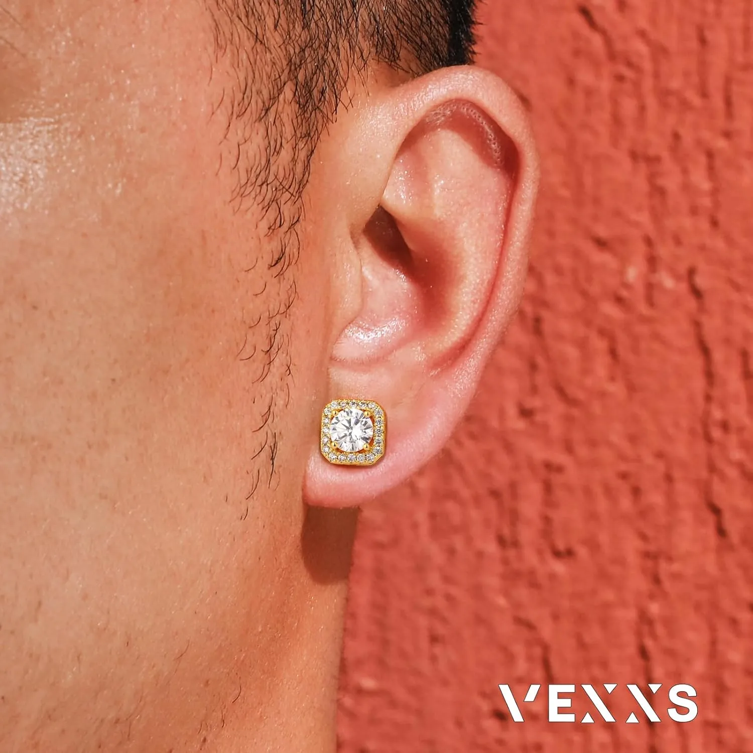 VEXXS Diamond Stud Earrings for Men, S925 Sterling Silver 14K Real Gold Plated Iced Out Earrings Micro Pave 5A CZ Stones Mens Studs, Hypoallergenic
