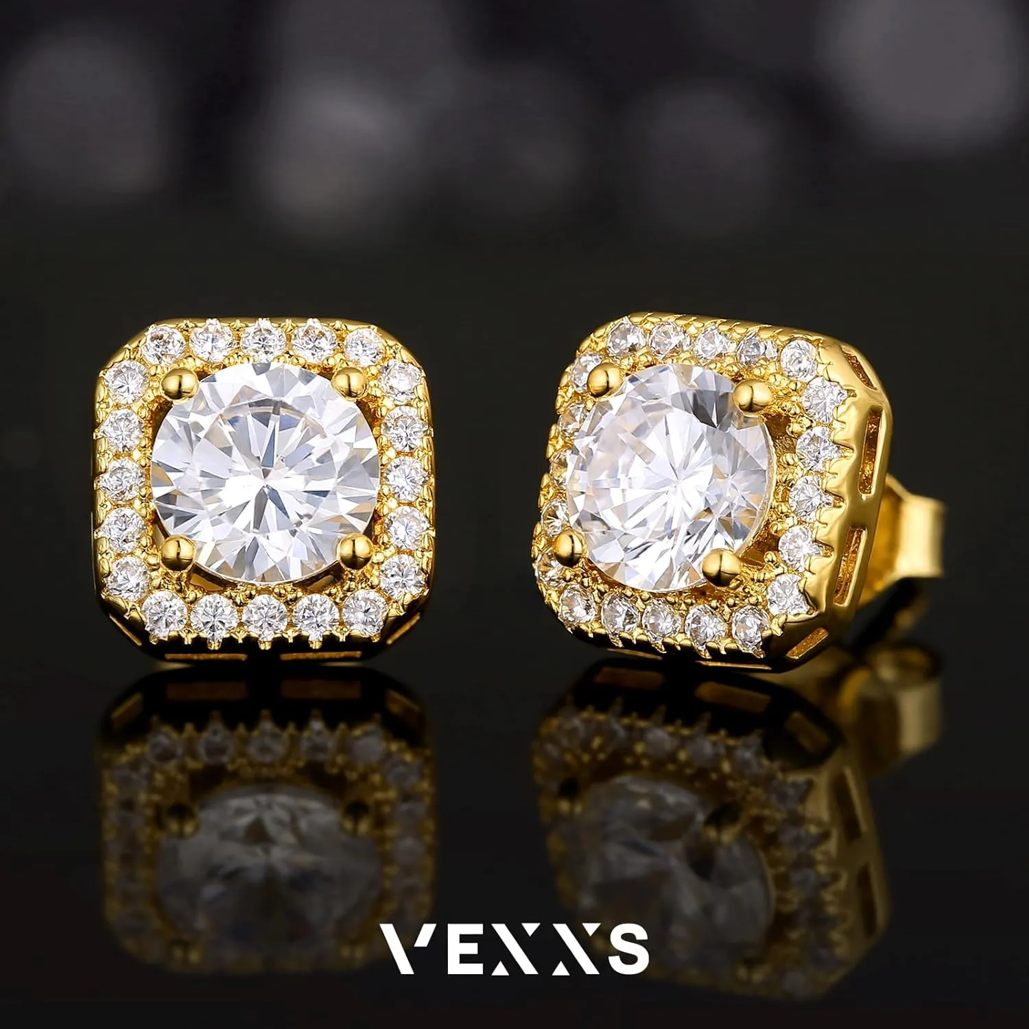 VEXXS Diamond Stud Earrings for Men, S925 Sterling Silver 14K Real Gold Plated Iced Out Earrings Micro Pave 5A CZ Stones Mens Studs, Hypoallergenic
