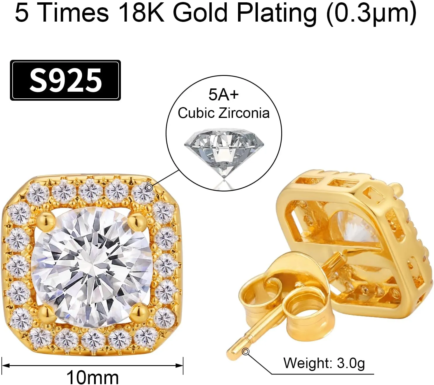 VEXXS Diamond Stud Earrings for Men, S925 Sterling Silver 14K Real Gold Plated Iced Out Earrings Micro Pave 5A CZ Stones Mens Studs, Hypoallergenic