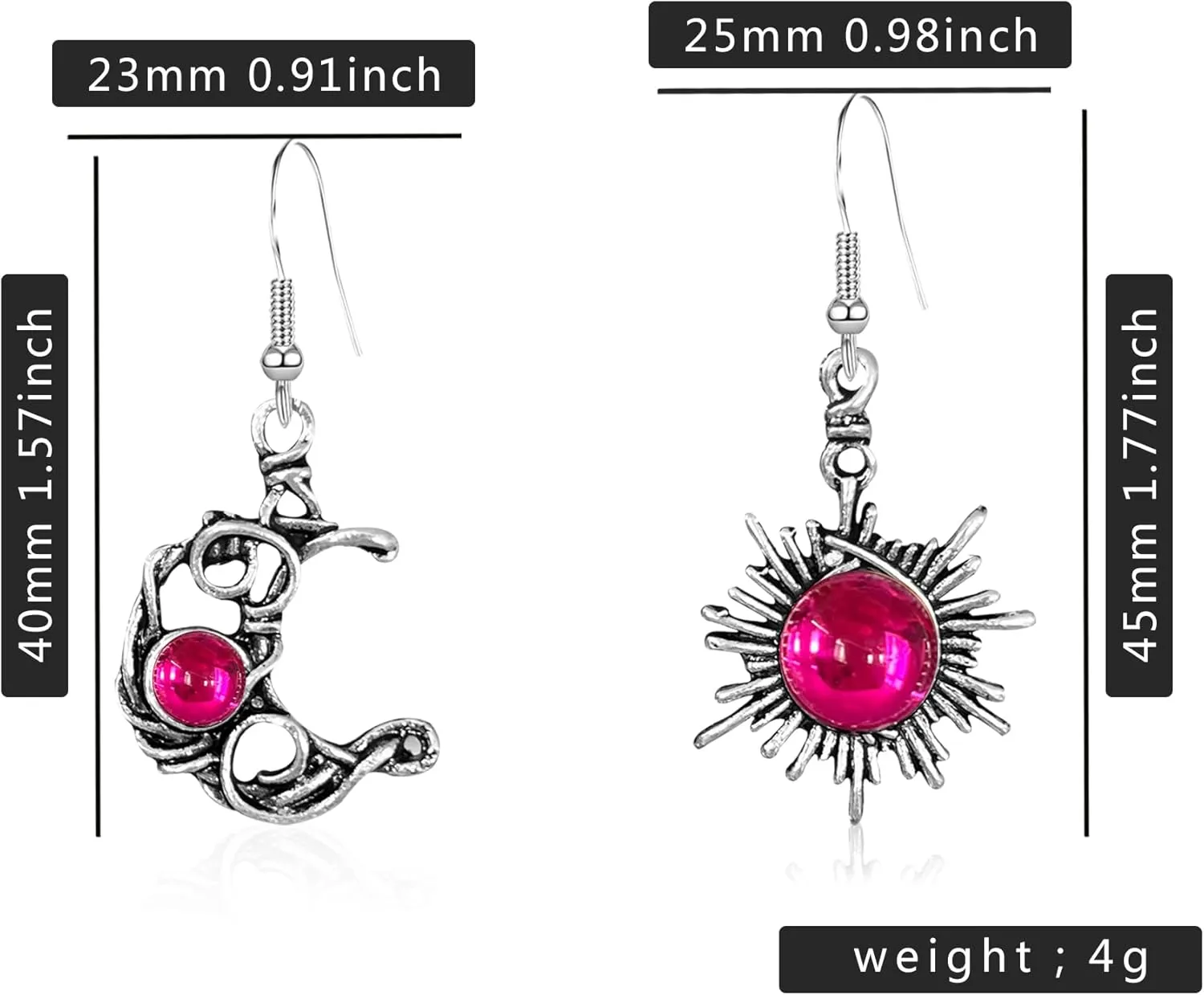 Vintage Boho Opal Sun and Moon Drop Dangle Earrings Moonstone Natural Stone Hook Bohemian for Women Asymmetrical Antiqued Silver Celestial Jewelry