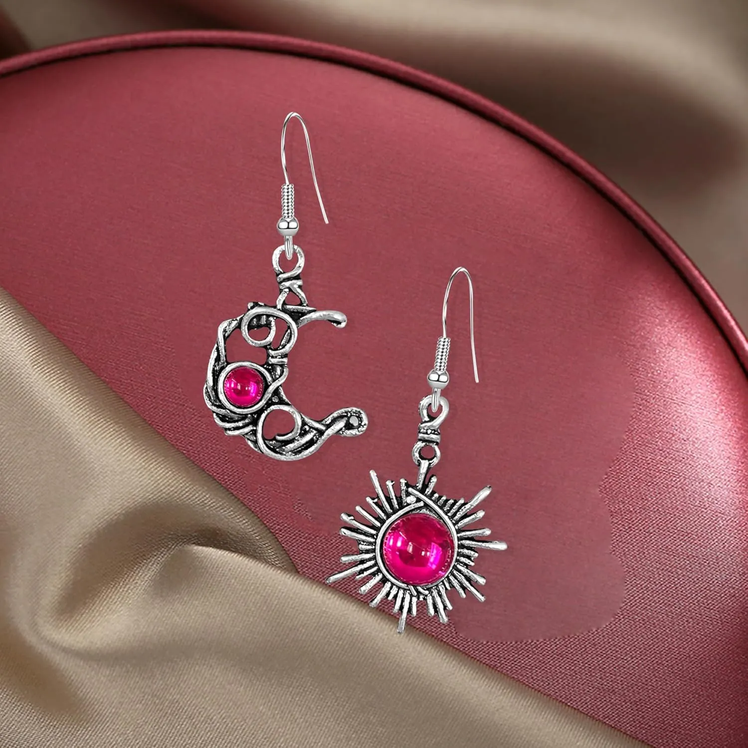 Vintage Boho Opal Sun and Moon Drop Dangle Earrings Moonstone Natural Stone Hook Bohemian for Women Asymmetrical Antiqued Silver Celestial Jewelry